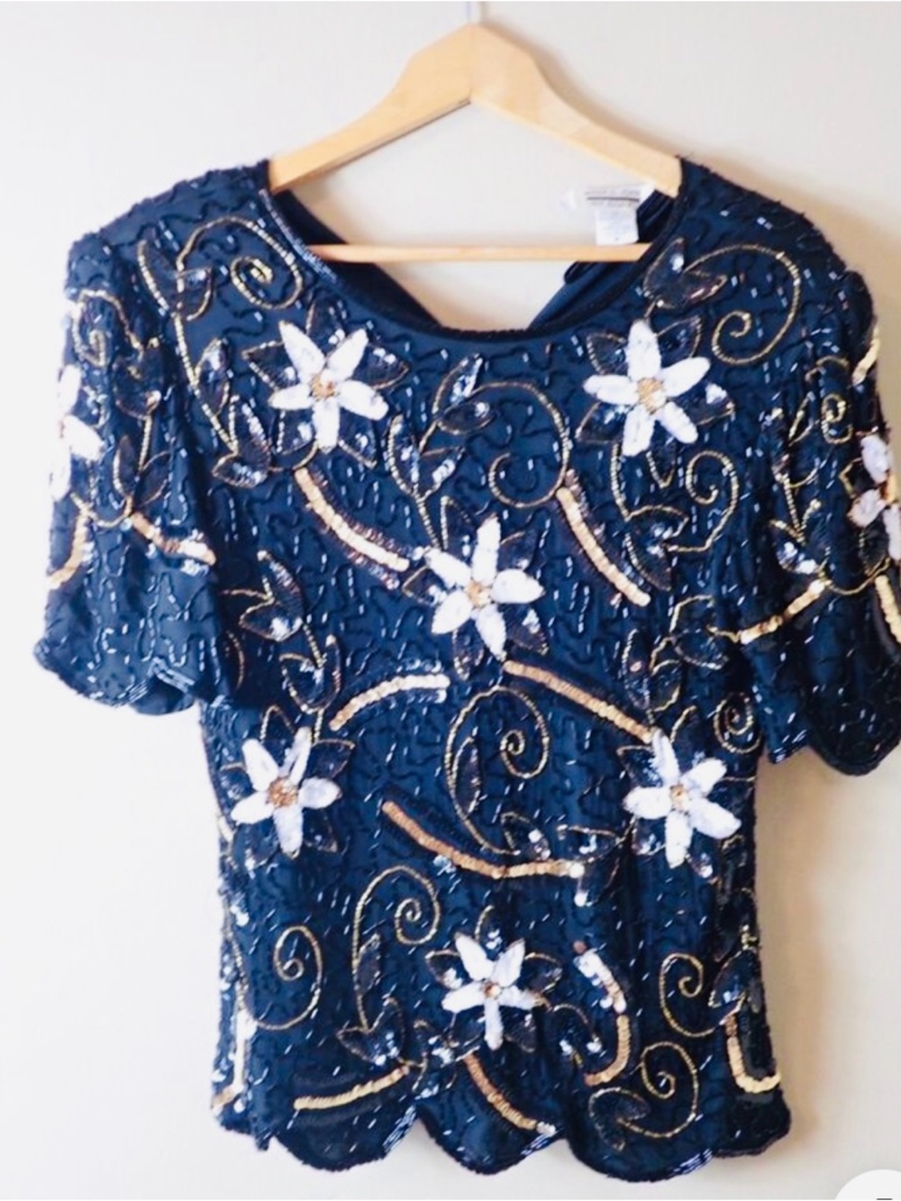 Silk Navy Blue & White Sequin Floral Short Sleeve Formal Festive Cocktail Top, M